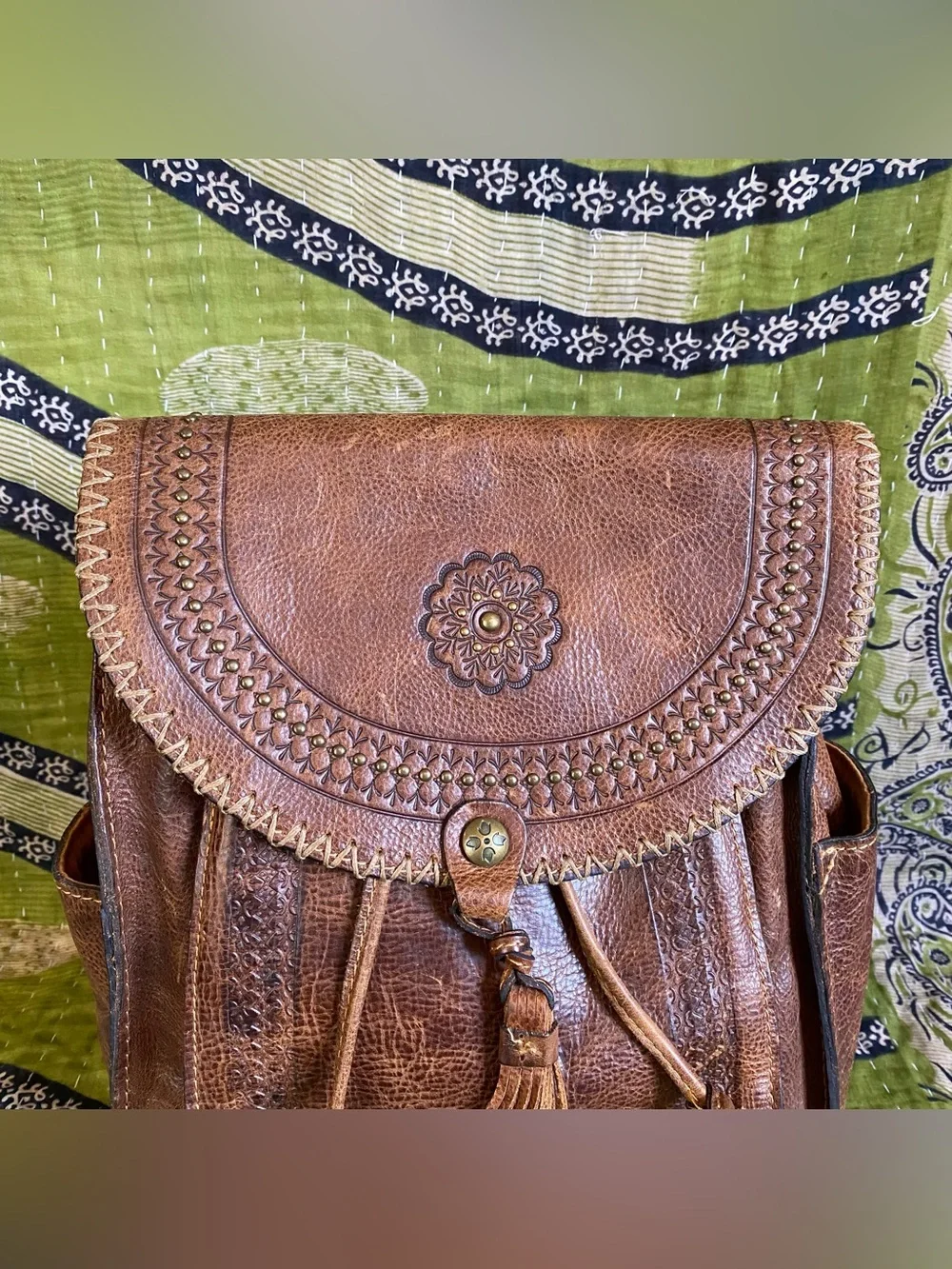 Patricia Nash Distressed Cognac Jovanna Embossed Leather Backpack Western Boho